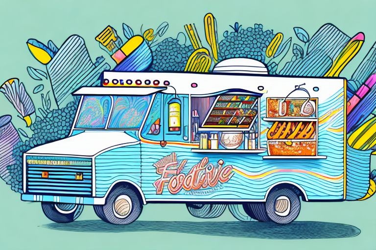 A food truck parked in front of a vibrant festival scene