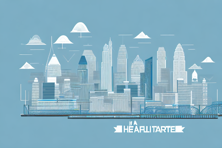 A healthcare technology device with a background of a city skyline