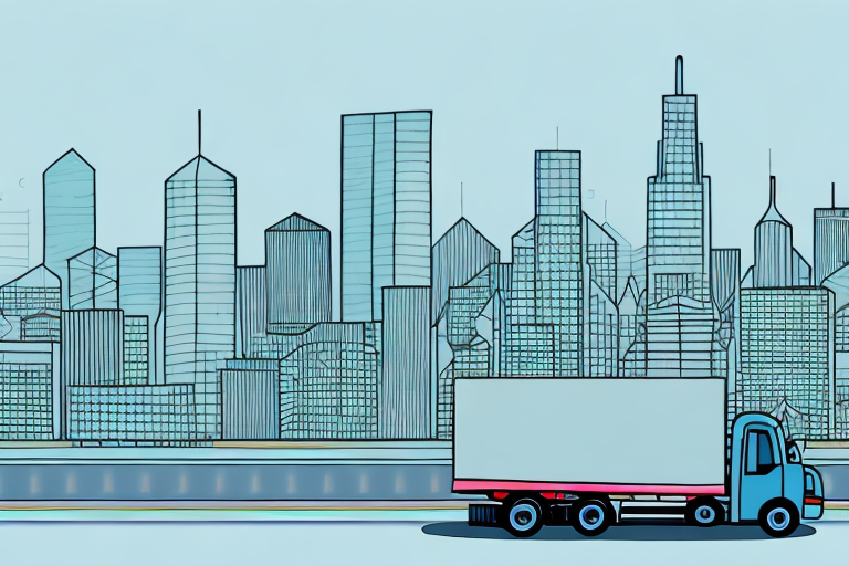 A truck driving through a cityscape