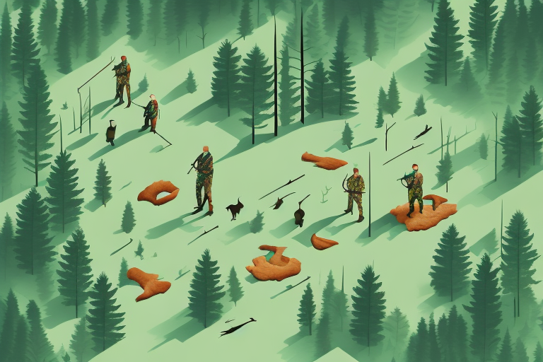 A forest landscape with a hunter and their hunting equipment