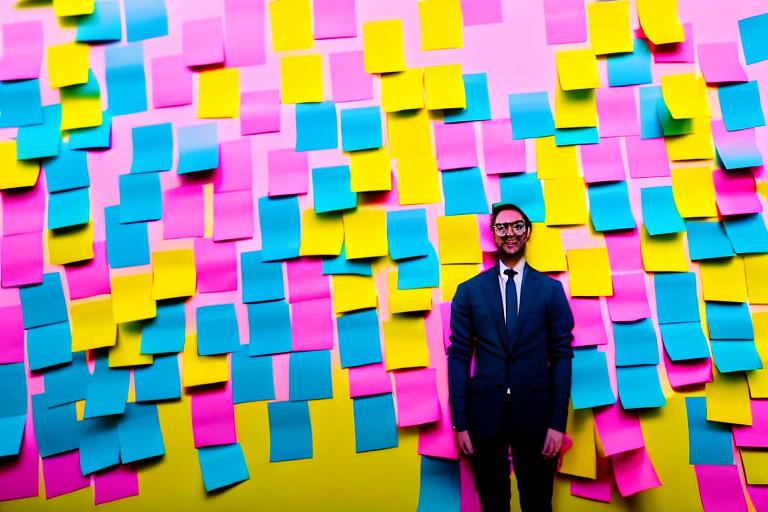 A businessperson standing in front of a wall of colourful post-it notes