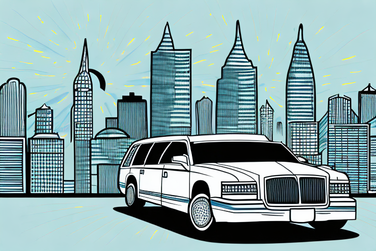 A limousine driving through a cityscape with a bright spotlight shining from the sun