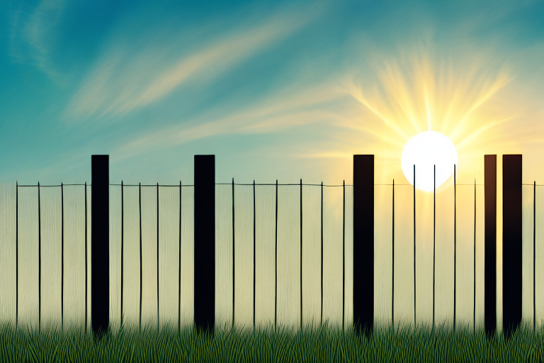 A fence with a sun setting in the background