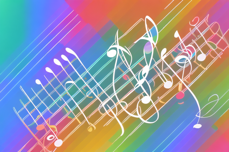 A musical instrument surrounded by a rainbow of colors