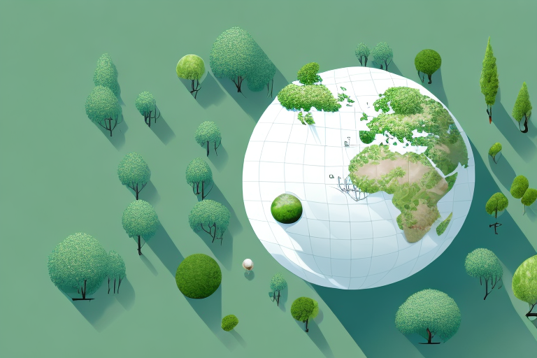A globe surrounded by various green elements such as trees