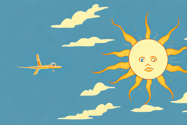 A private jet flying through the sky with a sun in the background