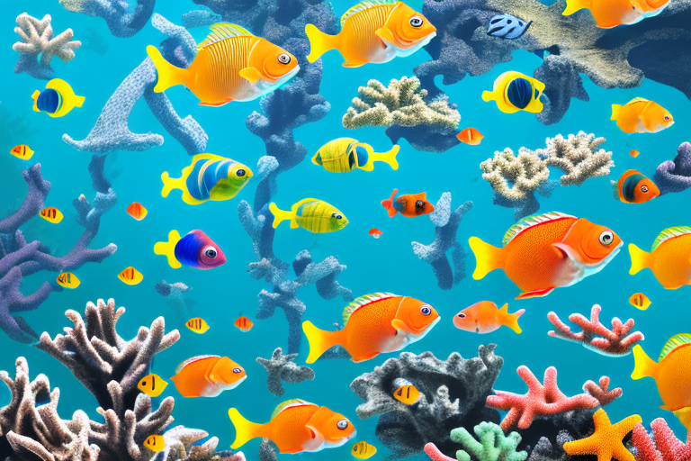 A colorful marine aquarium with a variety of fish and coral