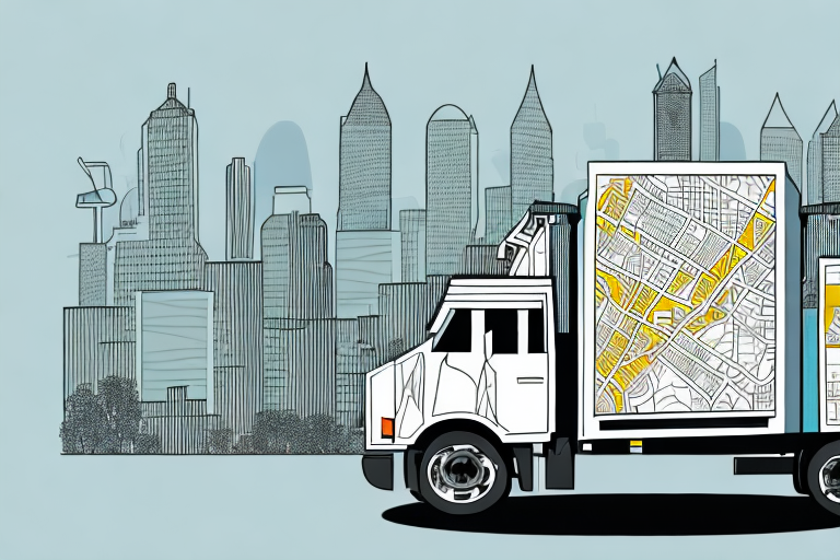 A moving truck with a map of the city in the background