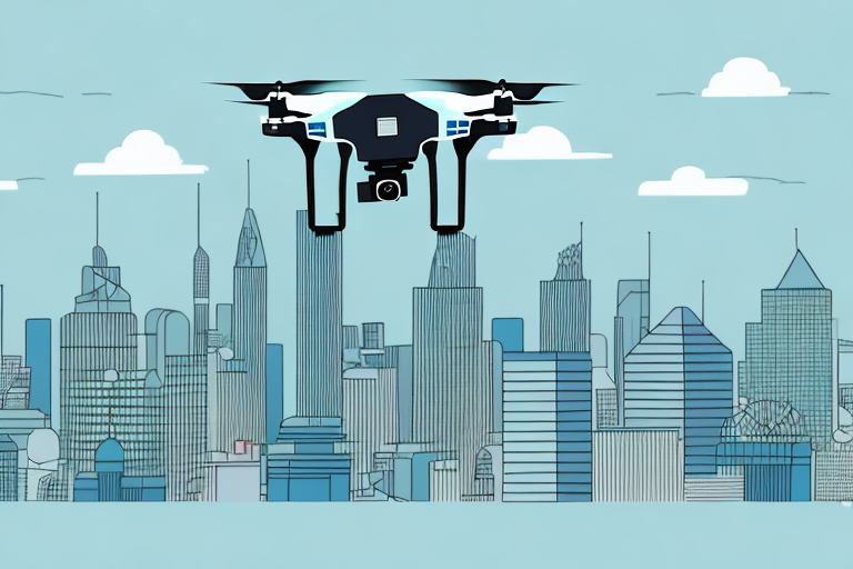 A drone flying over a city skyline