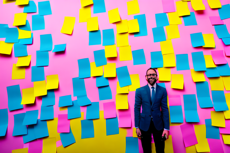 A career coach or trainer standing in front of a wall of colorful post-it notes