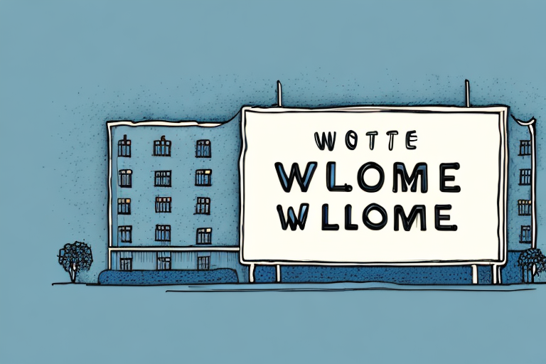 A hotel or lodging building with a sign that reads "welcome" in front of it
