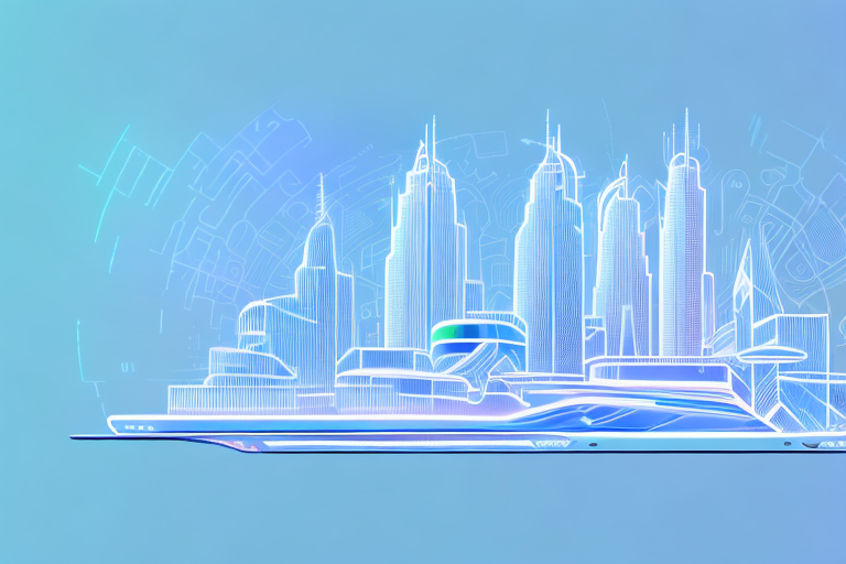 A futuristic cityscape with a virtual reality headset in the foreground
