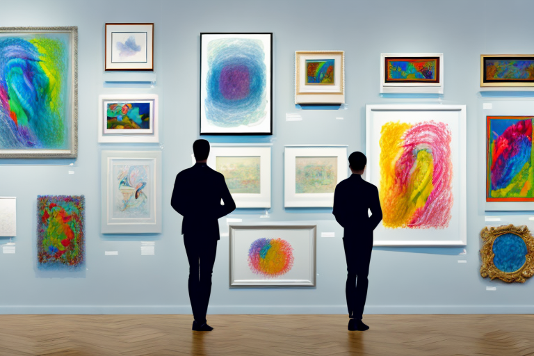 An art gallery with colorful artwork on the walls and a person admiring the pieces