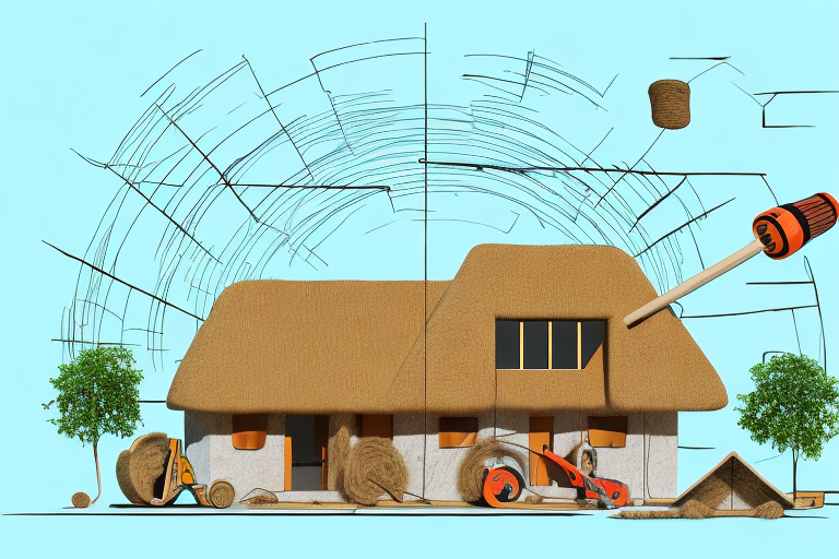 A straw bale house with construction tools and materials