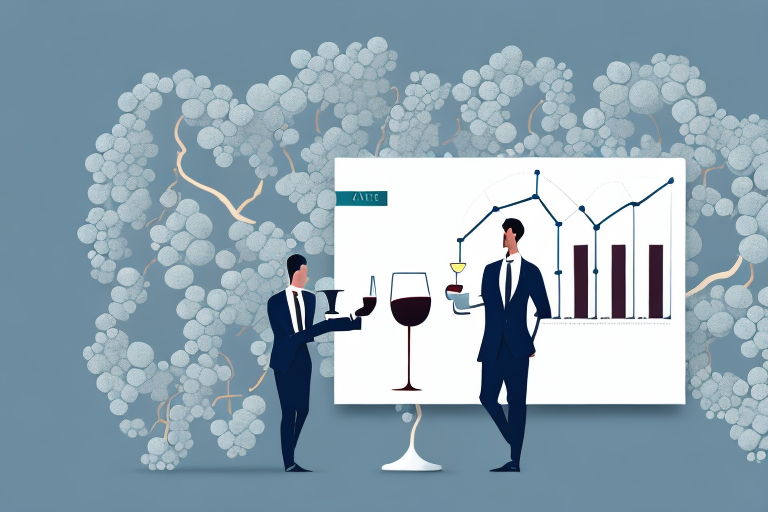A vineyard with a glass of wine and a graph showing the growth of a wine investment consulting business