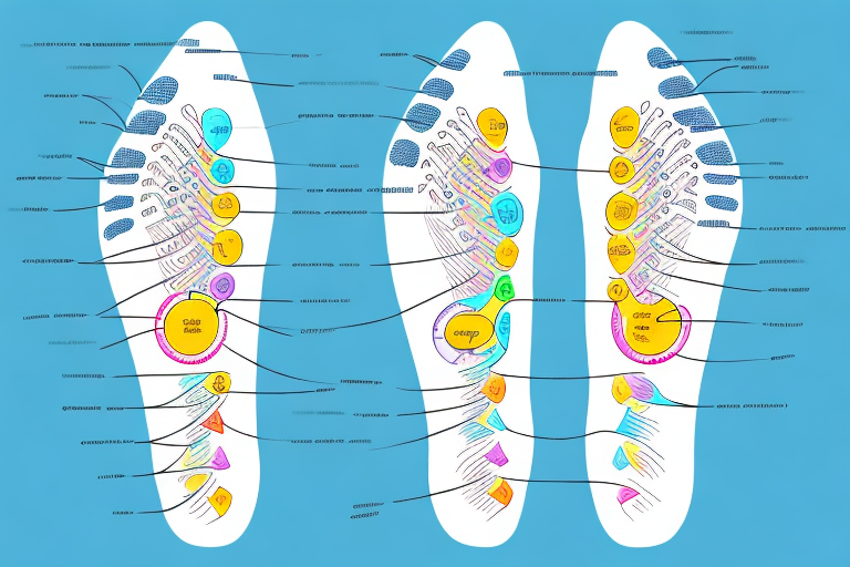 A reflexology chart with the various pressure points and pathways highlighted