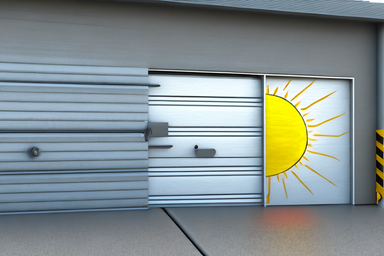 A garage door with a bright sun shining down on it