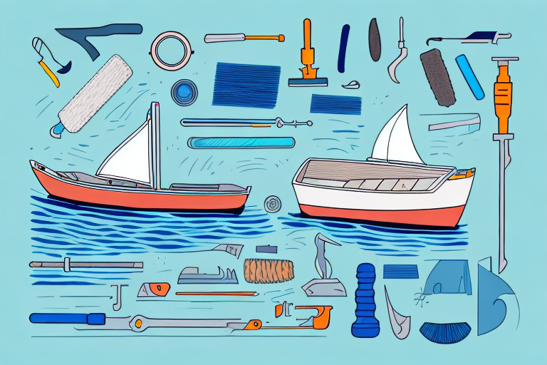 A boat being cleaned with a variety of tools and supplies