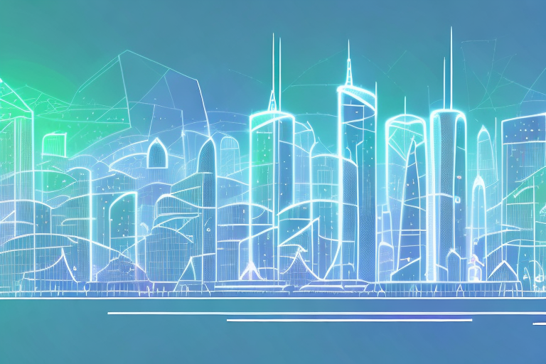 A futuristic cityscape with a skyline of buildings