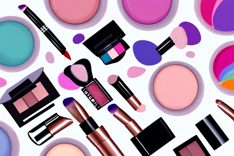 A colorful array of cosmetics products with a social media platform in the background