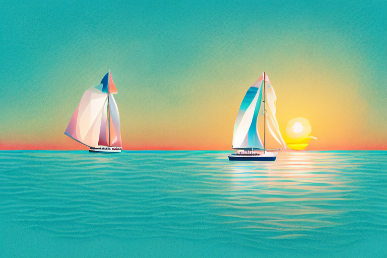 A yacht sailing in a body of water with a sunset in the background