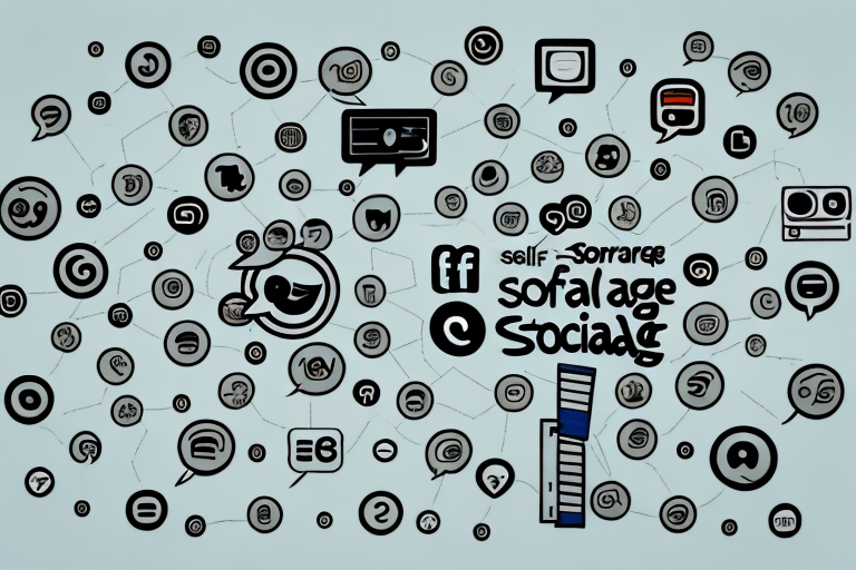 A self-storage facility with a variety of social media icons surrounding it