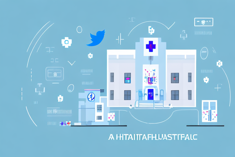 A hospital or healthcare facility with a social media icon hovering above it