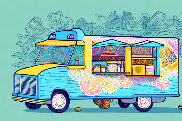 A colorful food truck parked in front of a festival scene