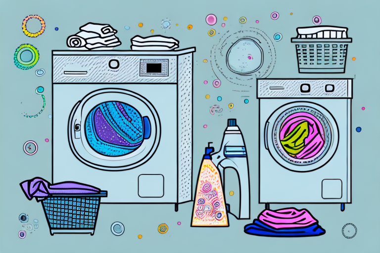 A washing machine with a colorful array of clothes and laundry detergent around it