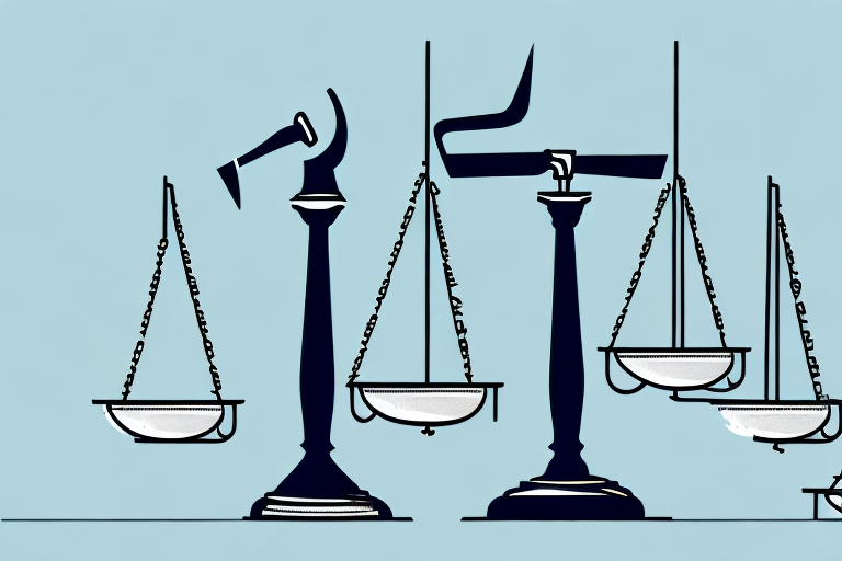 A gavel and scales of justice in a courtroom setting