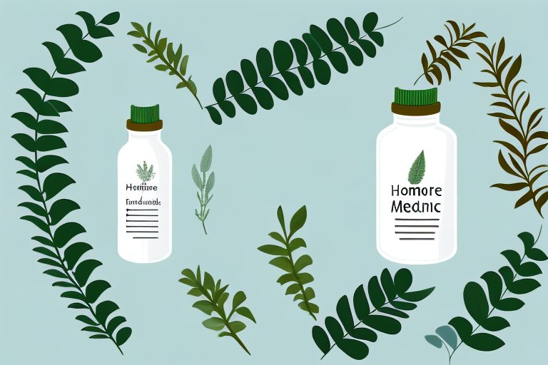 A homeopathic medicine bottle surrounded by plants and herbs