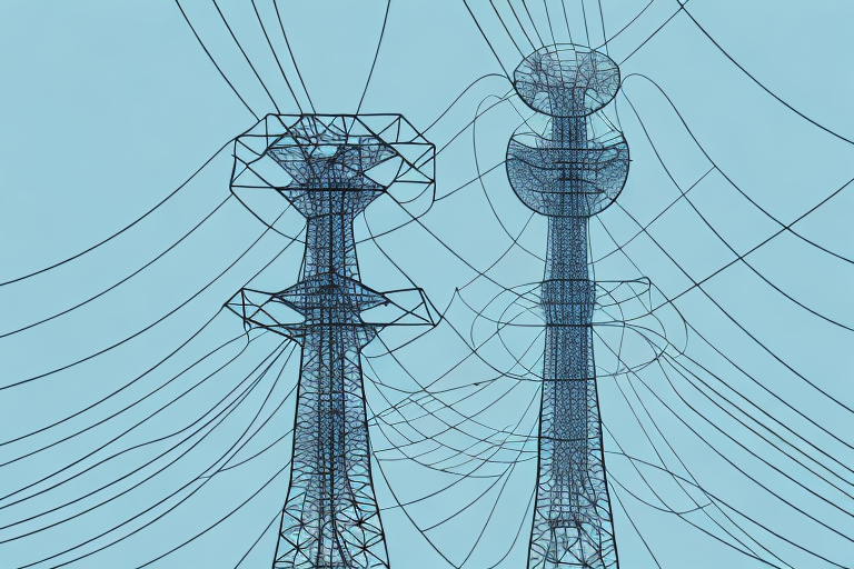 A telecommunications tower with a network of cables radiating out from it