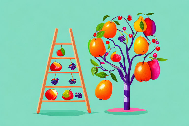 A colorful fruit tree with a ladder and a basket of fruit underneath