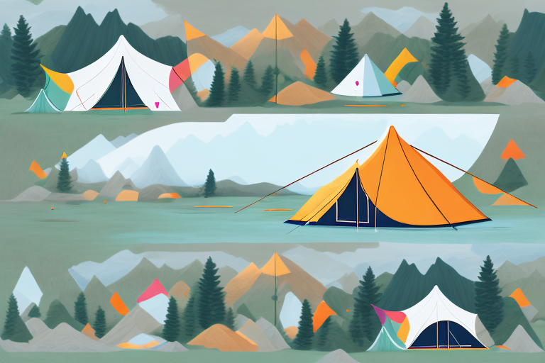 A colorful tent set up in a scenic outdoor landscape