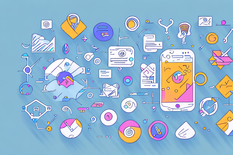 An app icon surrounded by a variety of marketing tools