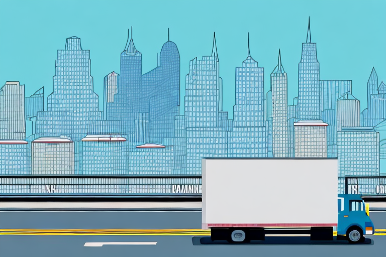 A freight truck driving along a highway with a city skyline in the background