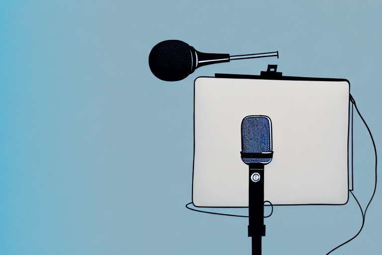 A microphone connected to a laptop in front of a stage backdrop