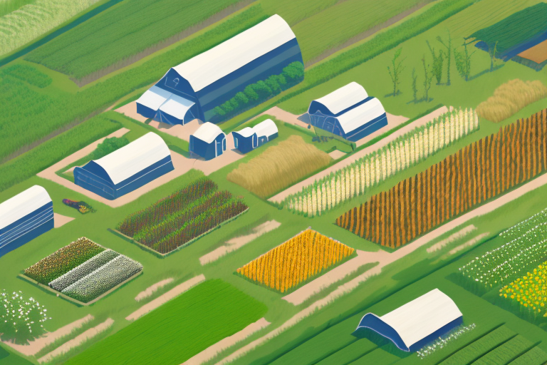 A farm with a variety of crops and a virtual tour guide pointing out the different features