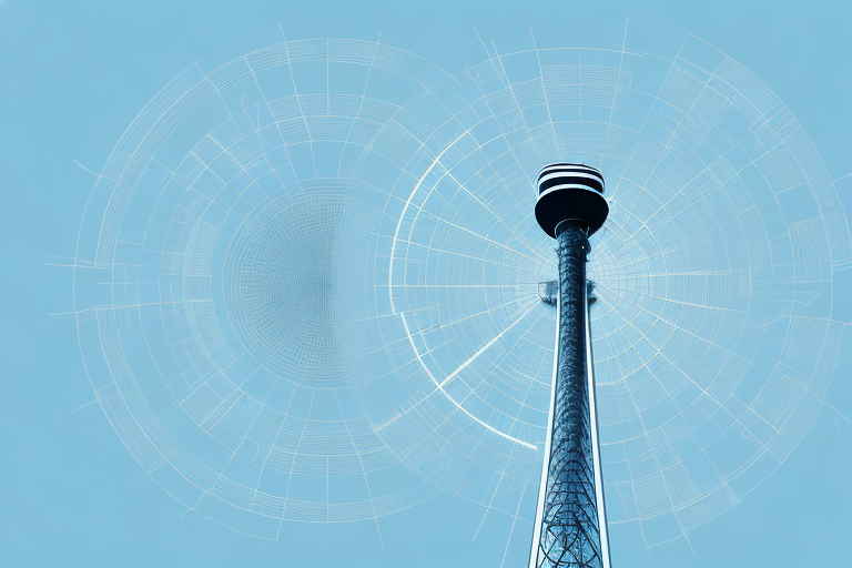 A telecommunications tower with a virtual tour path around it