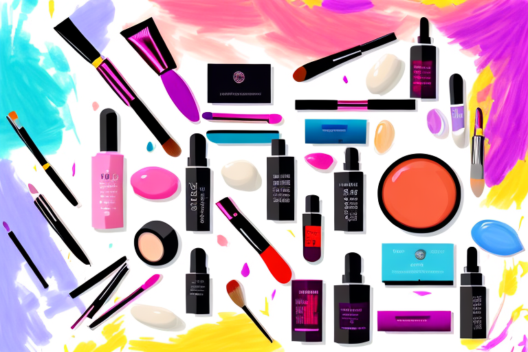 A colorful and vibrant beauty product shelf with a variety of products