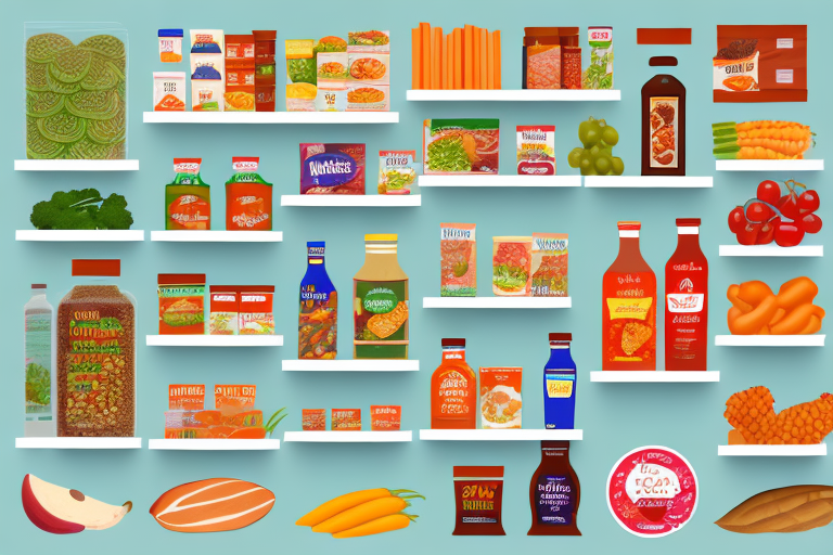 A grocery store shelf filled with a variety of food items