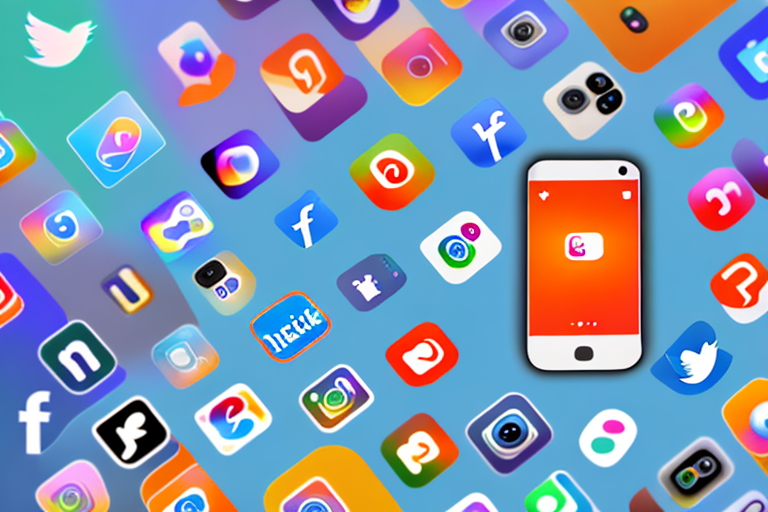A mobile phone with a colorful background of social media icons