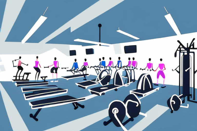 A fitness center or health club with equipment and people exercising