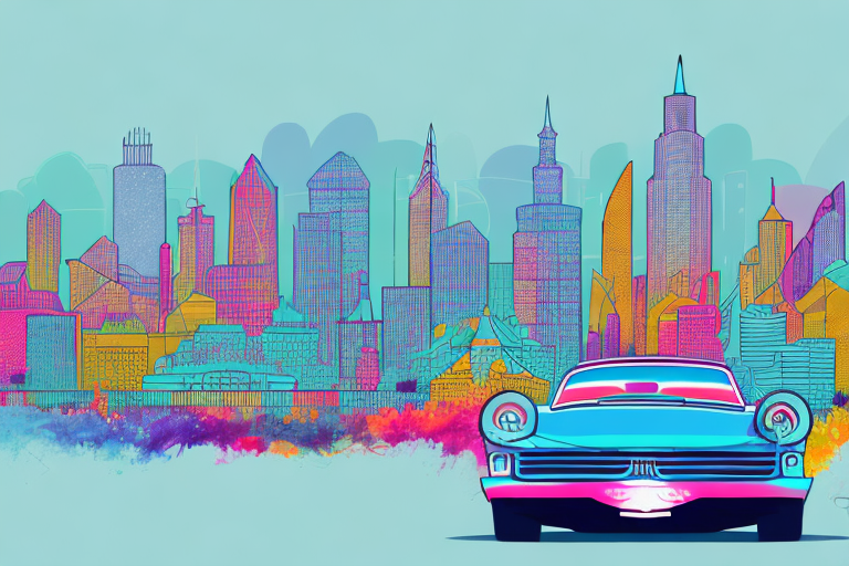 A car with a colorful background of a city skyline