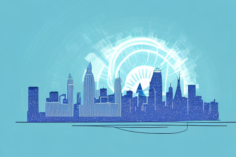 A wireless signal radiating from a device with a city skyline in the background