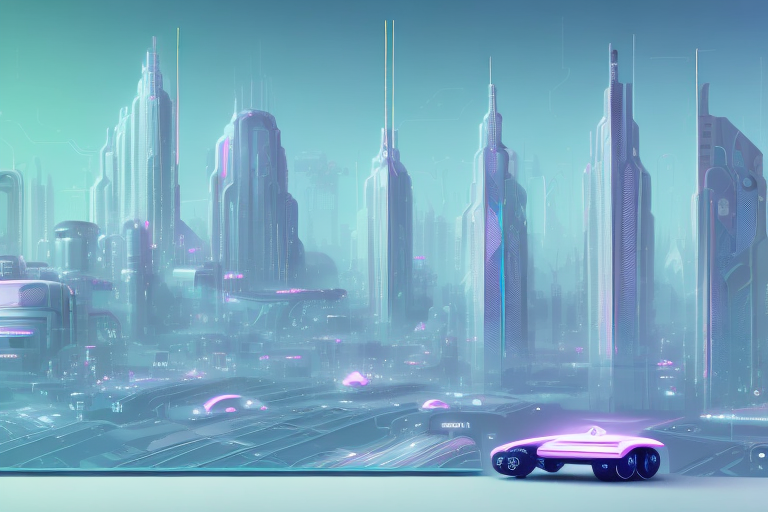 A futuristic cityscape with a robot in the foreground