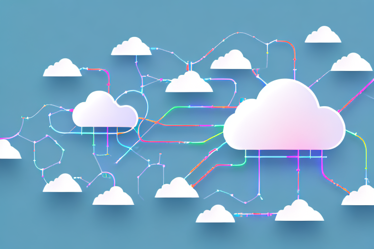 A cloud computing network with colorful nodes and connections
