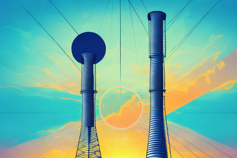 A telecommunications tower with a sunset in the background
