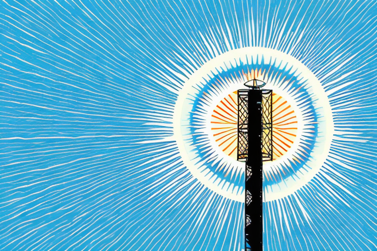 A wireless signal tower with a sunburst radiating from it
