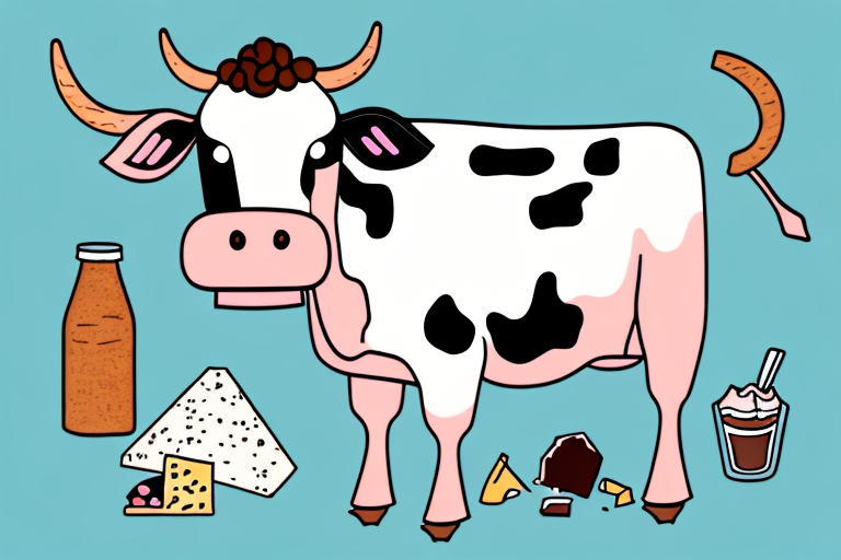 A cow surrounded by a variety of dairy products